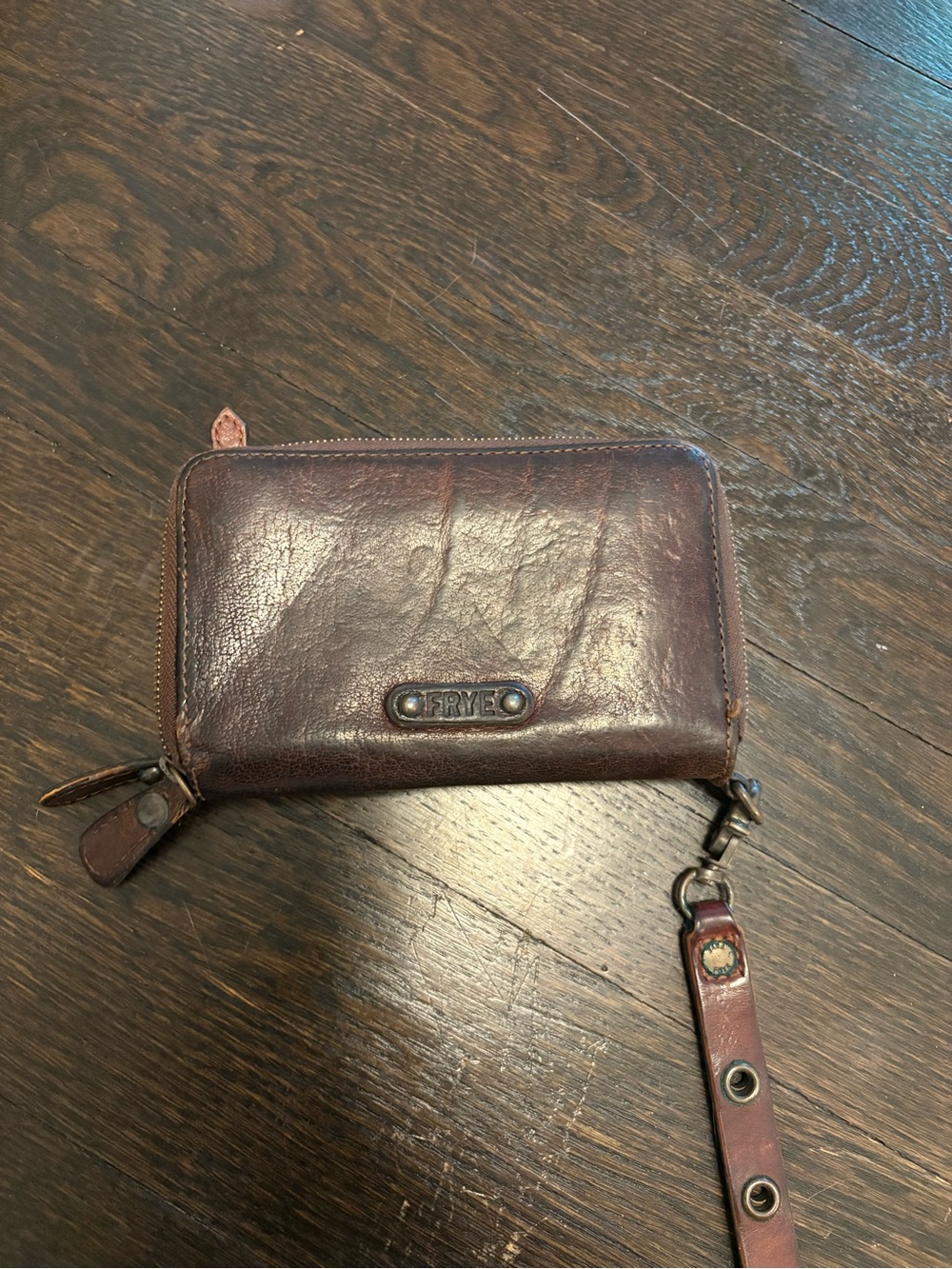 Frye dark brown leather zip wristlet wallet
